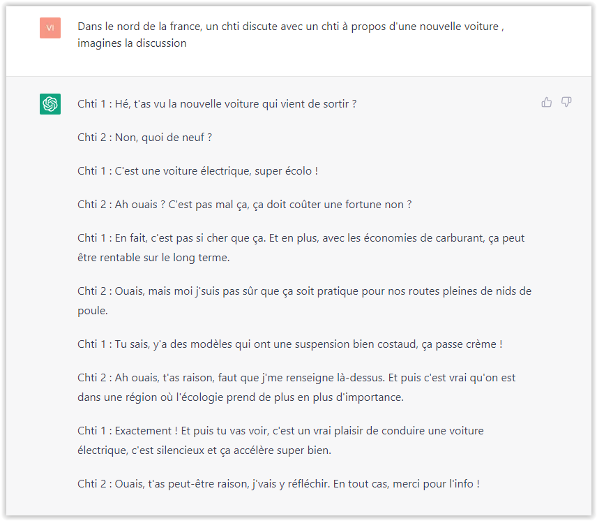 VincentTerrasi's tweet photo. J'ai testé GPT-4 à partir de Chat GPT et les résultats sont tellement prometteurs que c'est effrayant pour de nombreux métiers.

Tout d'abord, je l'ai testé sur la finesse d'une langue, ici le chti où il peut écrire un dialogue entre deux chtis là où il était incapable avant https://t.co/qLIUAAciDO