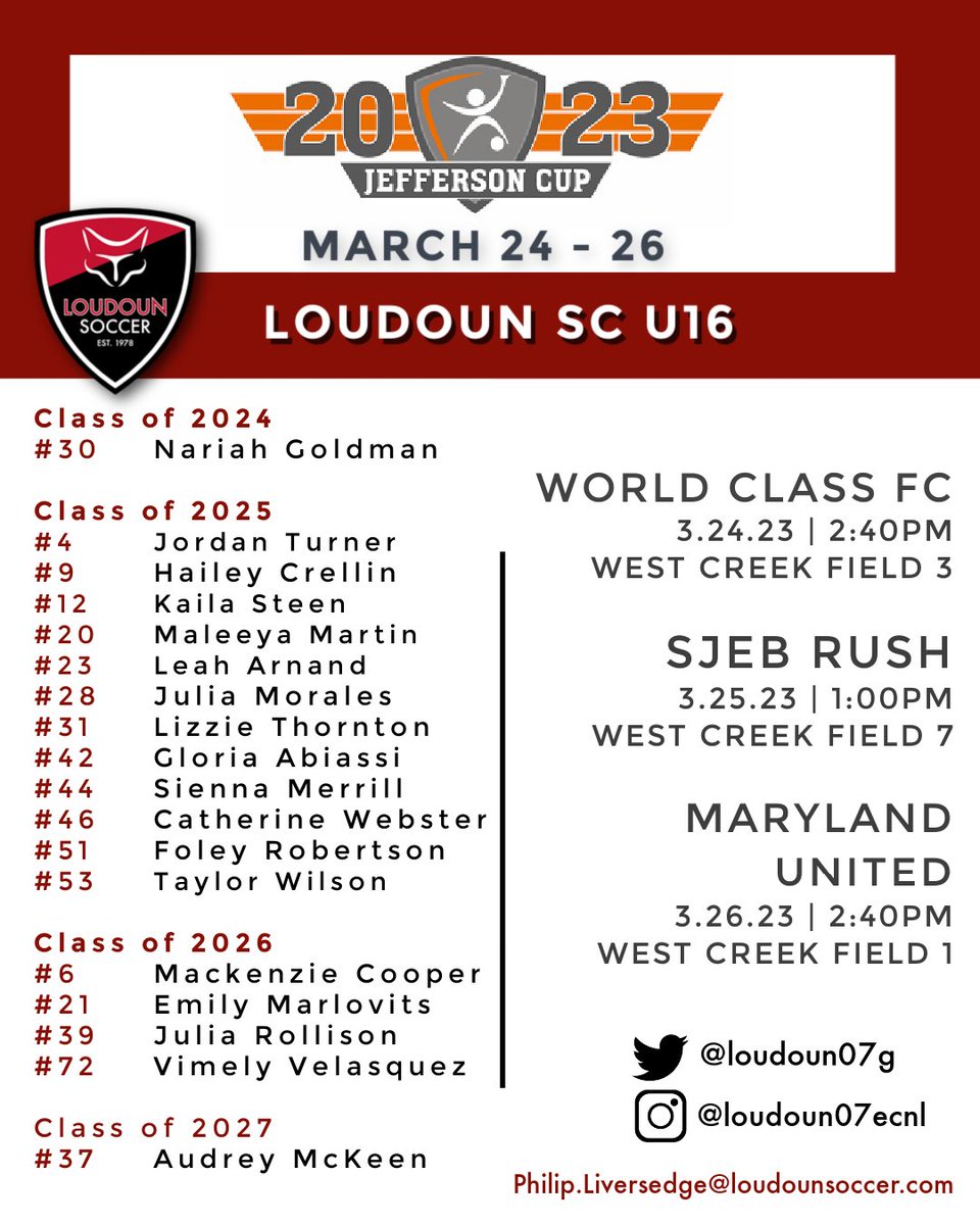 Schedule drop for our place in the top bracket <a href="/jeffersoncup/">Jefferson Cup</a> Let’s go! <a href="/ECNLgirls/">ECNL Girls</a> <a href="/loudounsc/">Loudoun Soccer</a> <a href="/ImCollegeSoccer/">College Soccer Truth ™</a> <a href="/ImYouthSoccer/">ECNL/GA/Recruiting/College Soccer</a> <a href="/PrepSoccer/">Prep Soccer ⚽️</a> <a href="/TheSoccerWire/">SoccerWire</a> <a href="/TopDrawerSoccer/">TopDrawerSoccer</a> <a href="/JREskilson/">J.R. Eskilson</a>