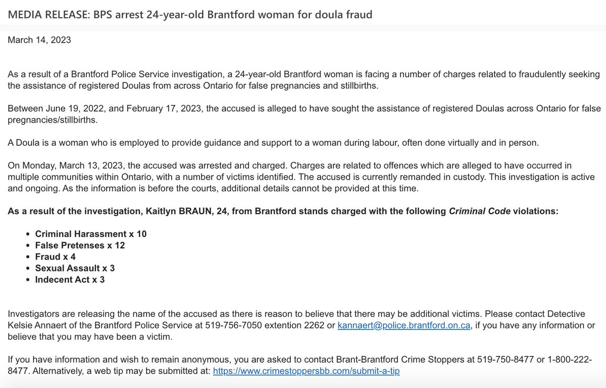 ChronicleLance's tweet photo. ARRESTED FOR FRAUDULENTLY SEEKING MIDWIFE SERVICES from Jun 19’22-Feb 17’23 for fake pregnancies, stillbirths. Kaitlyn Braun 24 of Brantford charged w 10x criminal harassment, 12x false pretences, 4x fraud, 3x sexual assault, 3x indecent act. https://t.co/eAplMnBfEg