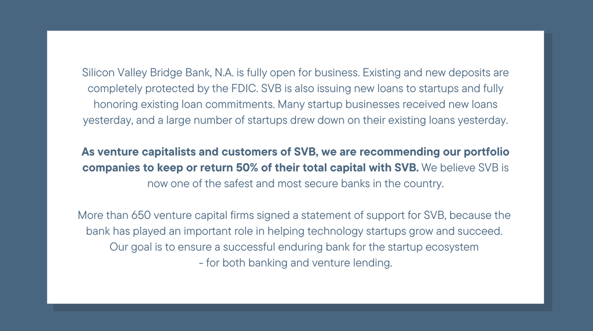 Hemant Taneja (@htaneja) on Twitter photo At <a href="/generalcatalyst/">General Catalyst</a> we are continuing to work actively with Silicon Valley Bank as are a number of other venture firms: <a href="/BessemerVP/">Bessemer</a> <a href="/GreylockVC/">Greylock</a> <a href="/lightspeedvp/">Lightspeed</a> <a href="/Lux_Capital/">Lux Capital</a> <a href="/MayfieldFund/">Mayfield</a> <a href="/Redpoint/">Redpoint</a> <a href="/svangel/">SV Angel</a> <a href="/upfrontvc/">Upfront Ventures</a>. We ask the rest of the global VC community to join us. At <a href="/generalcatalyst/">General Catalyst</a> we are continuing to work actively with Silicon Valley Bank as are a number of other venture firms: <a href="/BessemerVP/">Bessemer</a> <a href="/GreylockVC/">Greylock</a> <a href="/lightspeedvp/">Lightspeed</a> <a href="/Lux_Capital/">Lux Capital</a> <a href="/MayfieldFund/">Mayfield</a> <a href="/Redpoint/">Redpoint</a> <a href="/svangel/">SV Angel</a> <a href="/upfrontvc/">Upfront Ventures</a>. We ask the rest of the global VC community to join us.