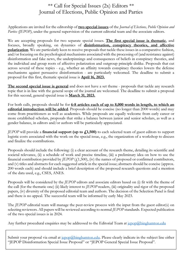 DUE TOMORROW (16 April 2023) The #JEPOP call for editors for our special issue on disinformation, conspiracy theories, and affective polarization is tomorrow. Please see the document in this tweet for more information and make sure to get your proposals in!