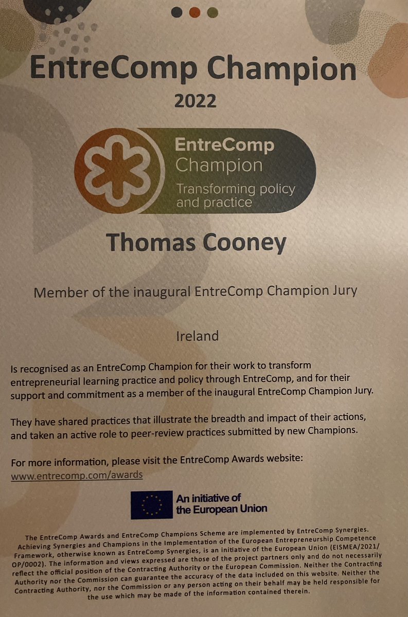 Thrilled to have been recognised as an @EntreCompEurope #Champion for my work in #EntrepreneurshipEducation entrecomp.com/awards/champio…
