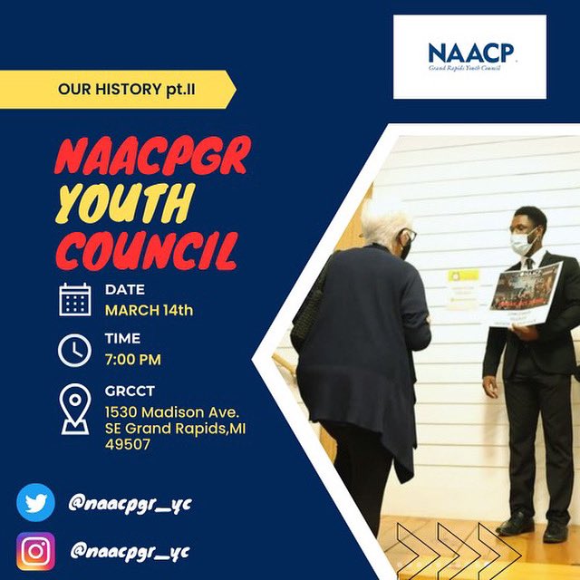 We will be hosting our March General Body Meeting IN-PERSON at 7:00 PM tonight. We will be doing a "part two" on the history of the NAACP. See you soon!

#naacpgr #naacpyc #naacpgryc #GrandRapids