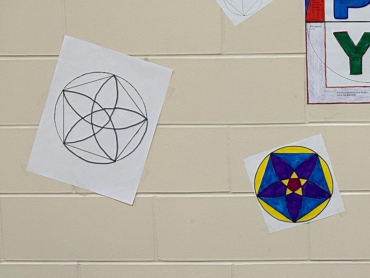 MrsE_MHS's tweet photo. Π day! Celebrated with some poster decorating, ‘Pi-kus’ and circle construction art. Mr. Becker even showed up with his 3.14 shirt! @MadeiraHSPrin @MadeiraSchools https://t.co/SQ9mZu38qp