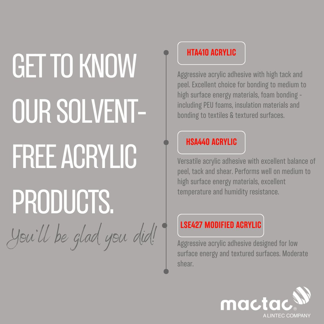 Mactac_NAmerica's tweet image. Mactac is known for innovative rubber adhesives, but did you know we also offer solvent-free acrylic products? Get to know them today...you&apos;ll be glad you did! 

#adhesivesolutions #rubber #acrylic