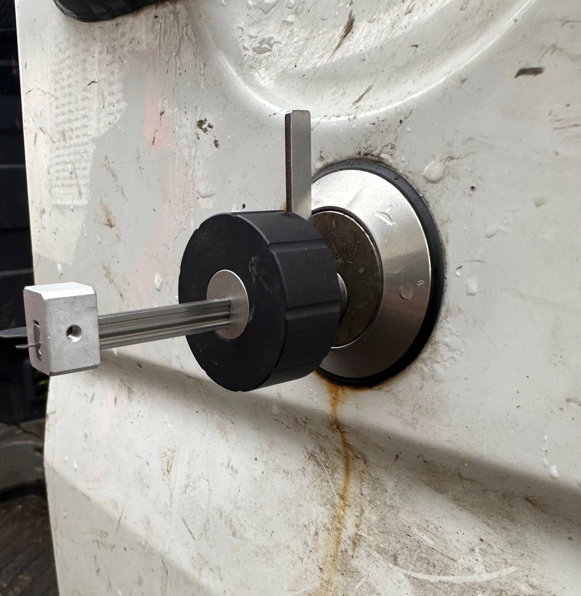 Here is a picture from a van slam lock we opened today, when the van doors slammed shut with the keys inside leaving the customer stranded out in the wilderness! The locks still work with the existing key, saving you time and money going forward!