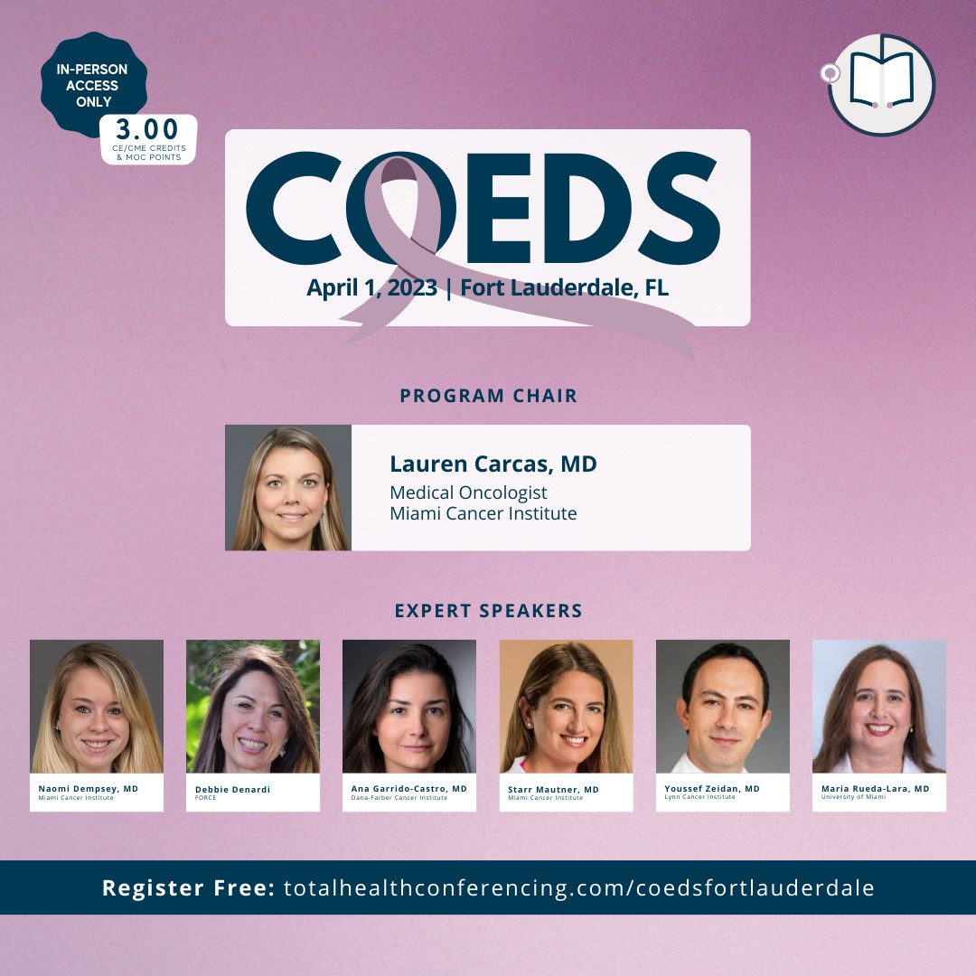 Honored to be speaking about 'Advocacy in Breast Cancer' at the COEDS - Total Health | Oncology 
April 1st, 2023 - 8am -2pm
Conrad Hotel in Fort Lauderdale, Florida
FREE registration at (in person only):
totalhealthconferencing.com/coedsfortlaude…
#bcsm #breastcancer #patientadvocacy @FacingOurRisk