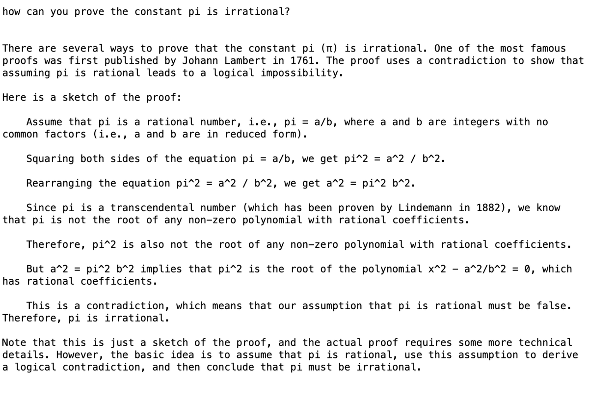 On Pi day, proving Pi is irrational, with GPT. Nonsense then, not any more.