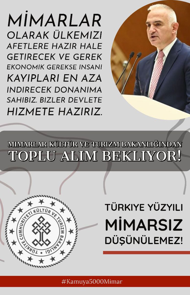 Mimarch7's tweet photo. @MehmetNuriErsoy Mimarlara verilen 1, 2, 5 gibi kadro sayıları verilen emeğin ziyan olmasina neden oluyor. kamuda istihdam edilmek herkesin olduğu kadar MİMARIN DA hakkı. KTB gereken TOPLU MİMAR ALIMINI YAP ARTIK @serdar_cam @SerdarCam_tr @iletisim_kultur @AhmetMisbah @NadirAlpaslan https://t.co/D9nAKRIRMY