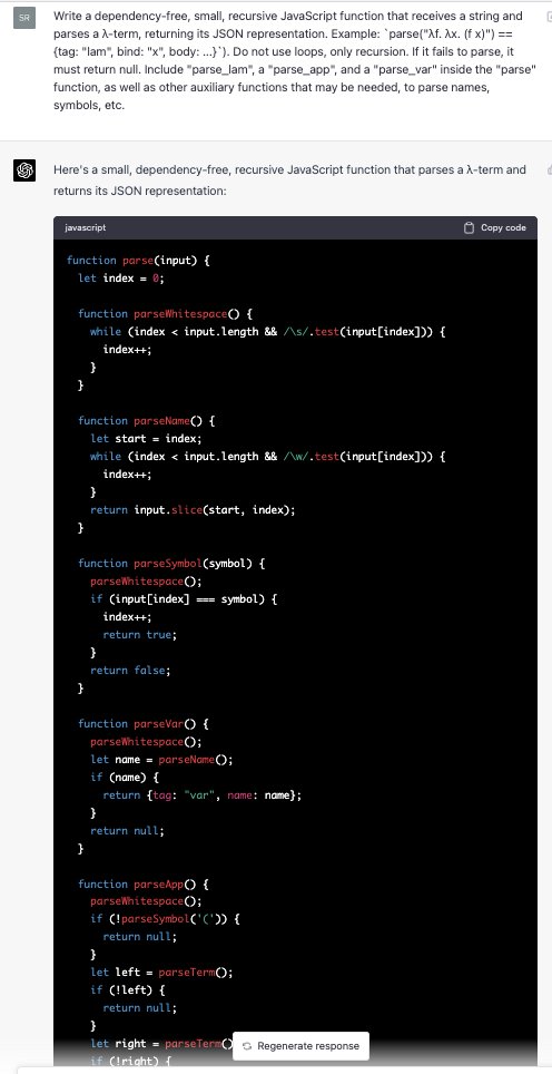 VictorTaelin's tweet photo. Here is my demo of GPT-4's power. I've asked it to write a recursive λ-Calculus parser in JavaScript. It outputted a 100% clean working function. GPT 3.5 failed every time. I've then asked it to convert it to Python, and add sarcastic GLaDOS comments all over the code. Nailed it. https://t.co/XfN1CTTR0t