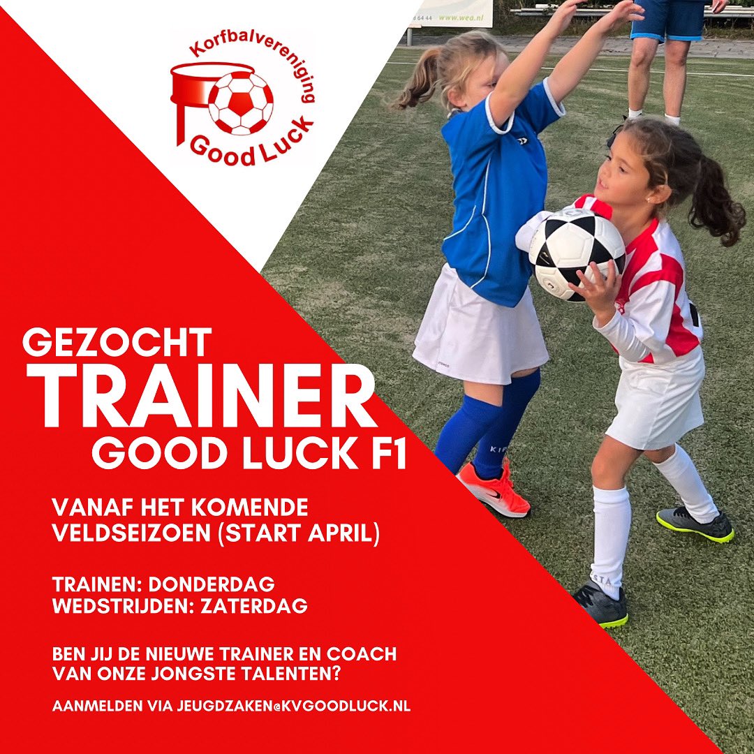 kv_goodluck's tweet image. 𝗧𝗿𝗮𝗶𝗻𝗲𝗿(𝘀) 𝗴𝗲𝘇𝗼𝗰𝗵𝘁 𝘃𝗼𝗼𝗿 𝗚𝗼𝗼𝗱 𝗟𝘂𝗰𝗸 𝗙! | Vind jij het leuk om vanaf aankomend veldseizoen onze jongste jeugd het korfballen te leren en 1x per week (donderdag) trainen te geven en op zaterdag het team te coachen? Meld je dan aan!