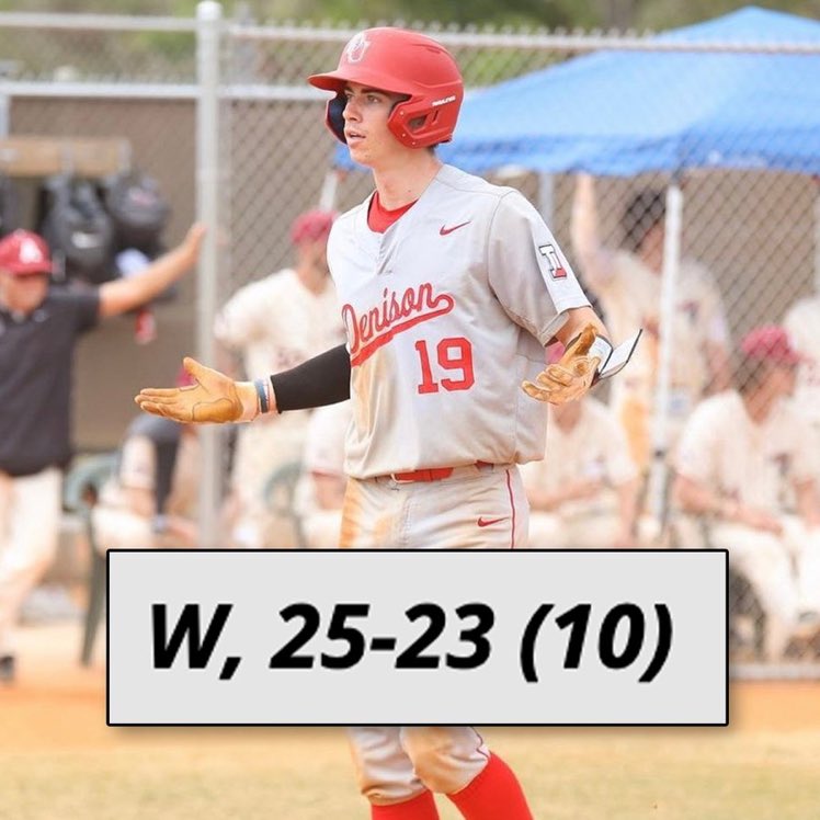 BasebaIlKing's tweet photo. D3 game between Denison and Arcadia got postponed yesterday while the score was 23-23 because it was taking too long.

They resumed in the 8th inning today and it went to extras. Denison won 25-23 in 10 innings. https://t.co/6OF5Ker2kl