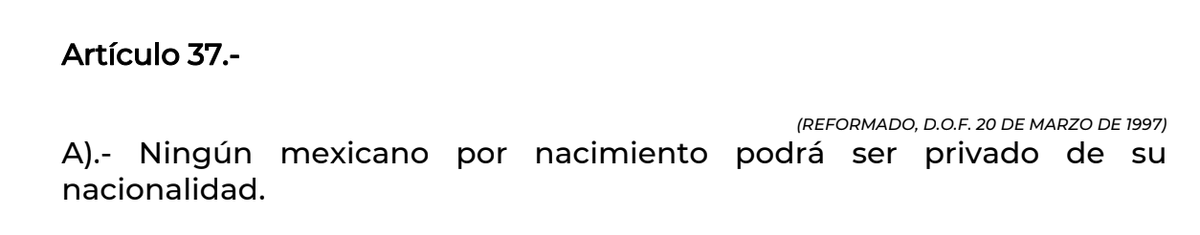 MEXporderecho's tweet photo. Este nuevo criterio se trata de una reinterpretación por parte de la @SRE_mx del Artículo 37 de la Constitución Mexicana, el cual claramente dicta que “ningún mexicano por nacimiento podrá ser privado de su nacionalidad”. https://t.co/TQffLyMav5