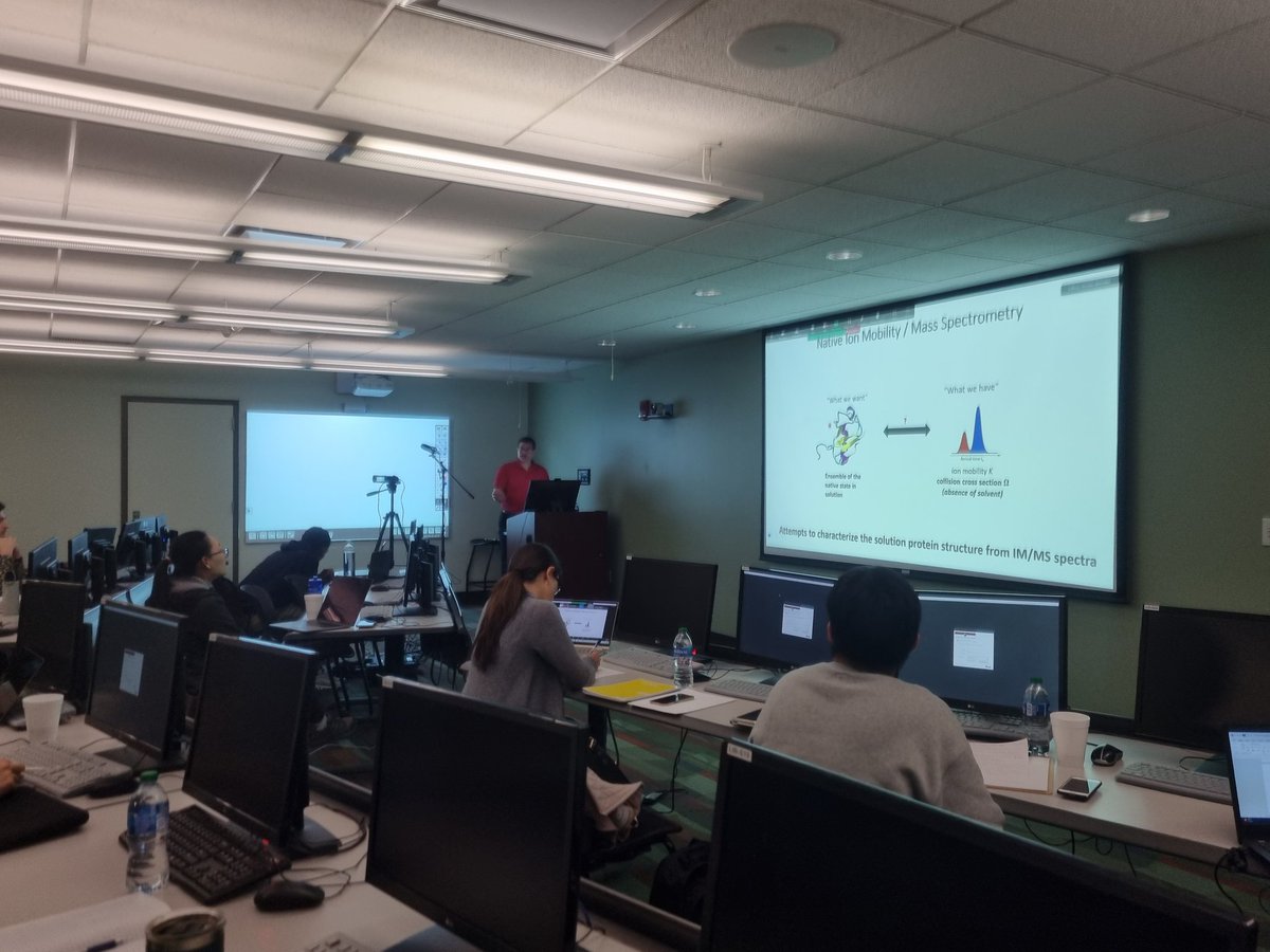 BleiholderFSU's tweet image. Sessions from the 2nd Day, with great talks of Dr. Wei Yang about molecular dynamics simulations and Dr. Fanny Liu about tandem-TIMS/MS. #SummerSchool #computationaltools #ionmobility 
@FannyCLiu 
@ChemistryFsu 
@asmsnews 
@FemalesInMS 
@ISIMSSociety