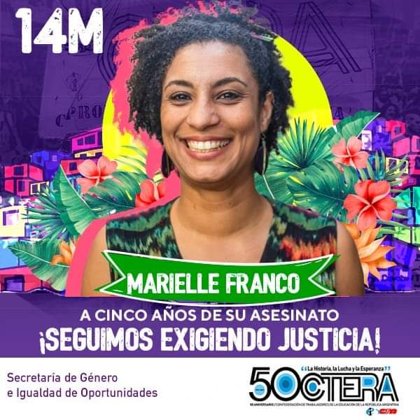 cteracta's tweet photo. ¡ Mairelle Franco Presente !
A 5 años de su asesinato seguimos exigiendo Justicia
Hoy se cumplen 5 años del asesinato de Marielle Franco, una compañera militante brasileña que luchaba por la igualdad y la justicia social. https://t.co/P8QVcq9SxC