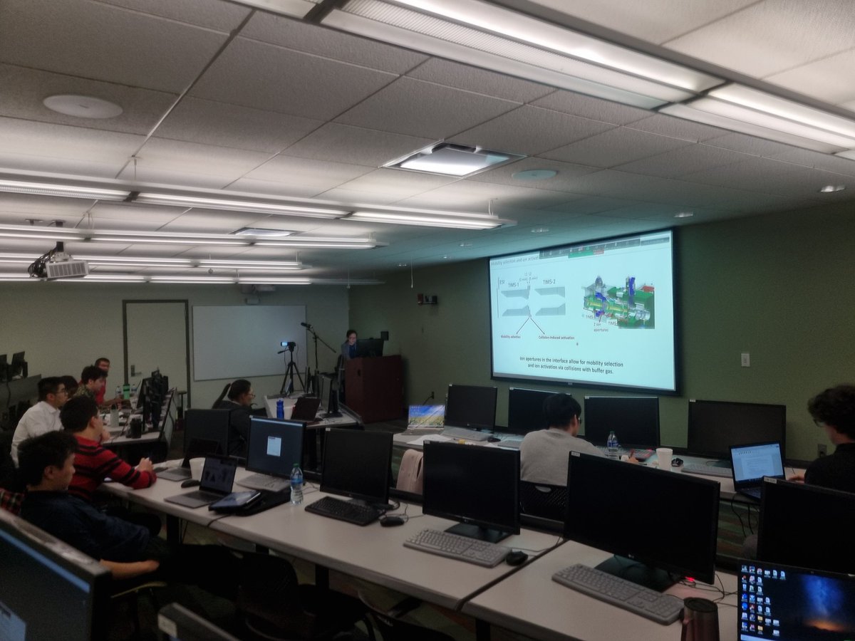 BleiholderFSU's tweet image. Sessions from the 2nd Day, with great talks of Dr. Wei Yang about molecular dynamics simulations and Dr. Fanny Liu about tandem-TIMS/MS. #SummerSchool #computationaltools #ionmobility 
@FannyCLiu 
@ChemistryFsu 
@asmsnews 
@FemalesInMS 
@ISIMSSociety