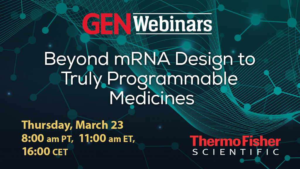 Genetic Engineering & Biotechnology News (@genbio) on Twitter photo Join us March 23 for our free webinar sponsored by <a href="/thermofisher/">Thermo Fisher</a>
Dr. Guillaume Pfefer, CEO of <a href="/sendabioscience/">Senda Biosciences</a> will share how to access the "chemical address code" from nature's interspecies cellular communication and more! Register now: workcast.com/register?cpak=… #mrna Join us March 23 for our free webinar sponsored by <a href="/thermofisher/">Thermo Fisher</a>
Dr. Guillaume Pfefer, CEO of <a href="/sendabioscience/">Senda Biosciences</a> will share how to access the "chemical address code" from nature's interspecies cellular communication and more! Register now: workcast.com/register?cpak=… #mrna