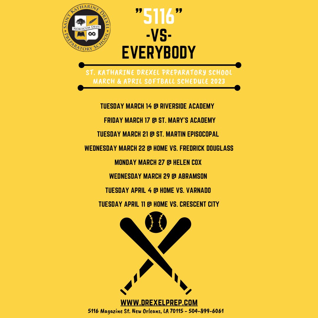 DrexelPrep_NOLA's tweet photo. Come and support our softball team, this Friday, as we take on St. Mary’s Academy! You can also see the remainder of our games for this season!
#skdp #proudprepper #Forevertheprep #Since1915 https://t.co/o49va8Rx9W
