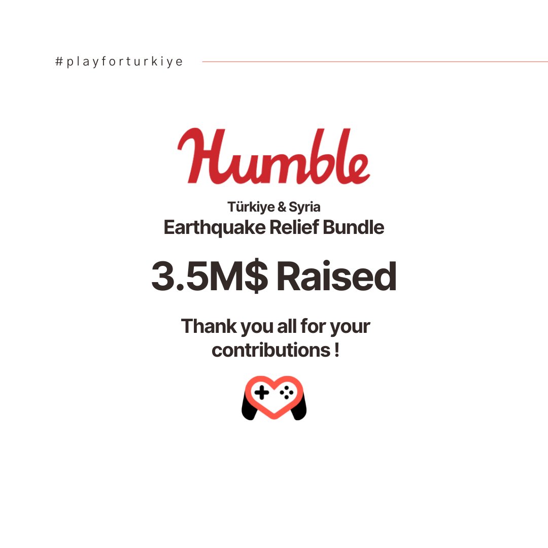 We completed Humble Bundle Project with 3,5M+ $, which we supported with local game developers from Turkey. Thank you very much to everyone who supported. Keep following us for our new projects!

#playforturkiye #turkiyesyriaearthquake #supportcharity #gamebundles #humblebundle