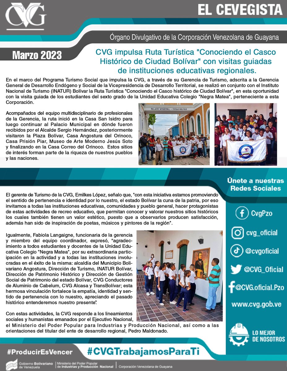 CVG_Oficial's tweet photo. #NoticiasCVG || CVG impulsa Ruta Turística "Conociendo el Casco Histórico de Ciudad Bolívar" con visitas guiadas de instituciones educativas regionales. 

#CVGTrabajamosParaTi #ProducirEsVencer https://t.co/GBMCw9lUWe
