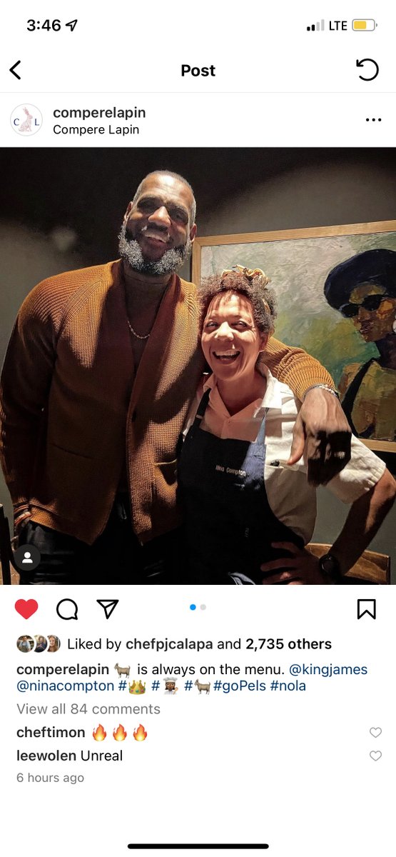 ShaShaLounge's tweet photo. @nina_compton had 🐐 at @comperelapin last night... but it's not what you're thinking 👀 @KingJames 

We're still taking the @PelicansNBA tonight https://t.co/4NJrPImbQT