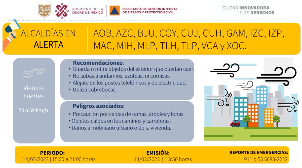 SGIRPC_CDMX's tweet photo. Se activa Alerta Amarilla por pronóstico de rachas de viento fuerte durante la tarde-noche de hoy en todas las demarcaciones de la Ciudad de México.

Toma tus precauciones. #LaPrevenciónEsNuestraFuerza https://t.co/EkEe5cj3za