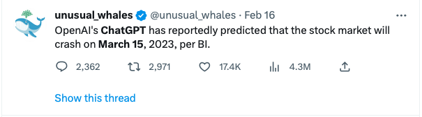 10xEngineered's tweet photo. Friendly Reminder - tomorrow is March 15 - The Day the market is predicted to crash according to ChatGPT v3.
SkyNet v4 was released today, on March 14.
$SPX #ChatGPT #marketsinturmoil https://t.co/LuFEvXvyLv