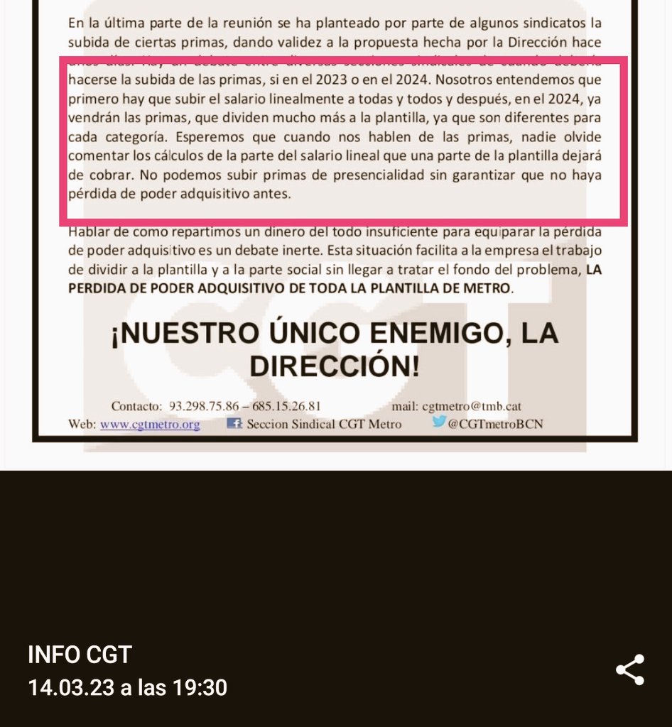 MMetrera's tweet photo. 1/2/23
CGT sobre la propuesta final
No hay nada para el turno noche
No hay nada de la mejora en pluses festivos, fines de semana

14/3/23
CGT - primero hay q subir el salario linealmente a todos y todas"

Conclusión: CGT dice AHORA lo mismo que decía la propuesta final q reventó. https://t.co/MrcyD7zURu