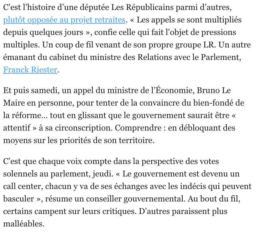 2022Elections's tweet photo. 🔴⚡️ Bruno Le Maire a appelé une députée LR opposée à la #RéformeDesRetraites pour la faire changer d'avis, en glissant que le gouvernement saurait être « attentif » à sa circonscription (en débloquant des moyens sur les priorités de son territoire).

/ @le_Parisien https://t.co/8O0EVGGA56