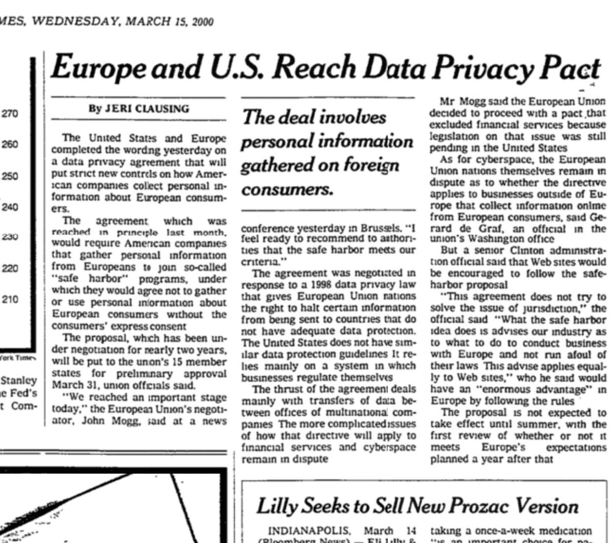 on this day in 2000 the @nytimes published 'Europe and U.S. Reach Data Privacy Pact' 🇺🇸🇪🇺 #datatransfers