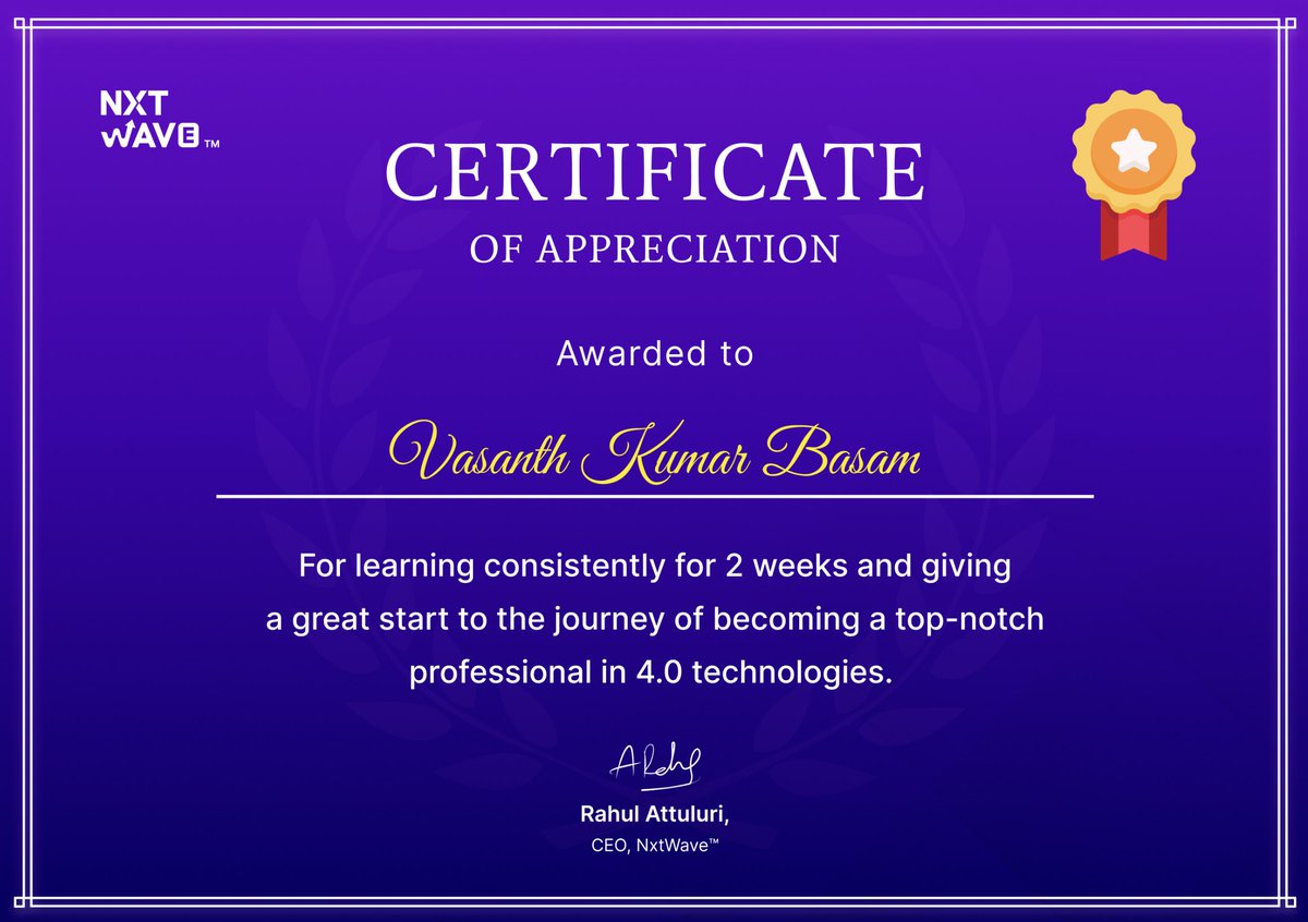 VasanthKumarBa7's tweet photo. It is my pleasure to share the Certificate of Appreciation from NXTWAVE.Thank you 
#nxtwave #ccbpian #certification #appreciation #Coding 
@rahulattuluri @sashankreddy07 @girishakash13 https://t.co/arEKmAO1bY