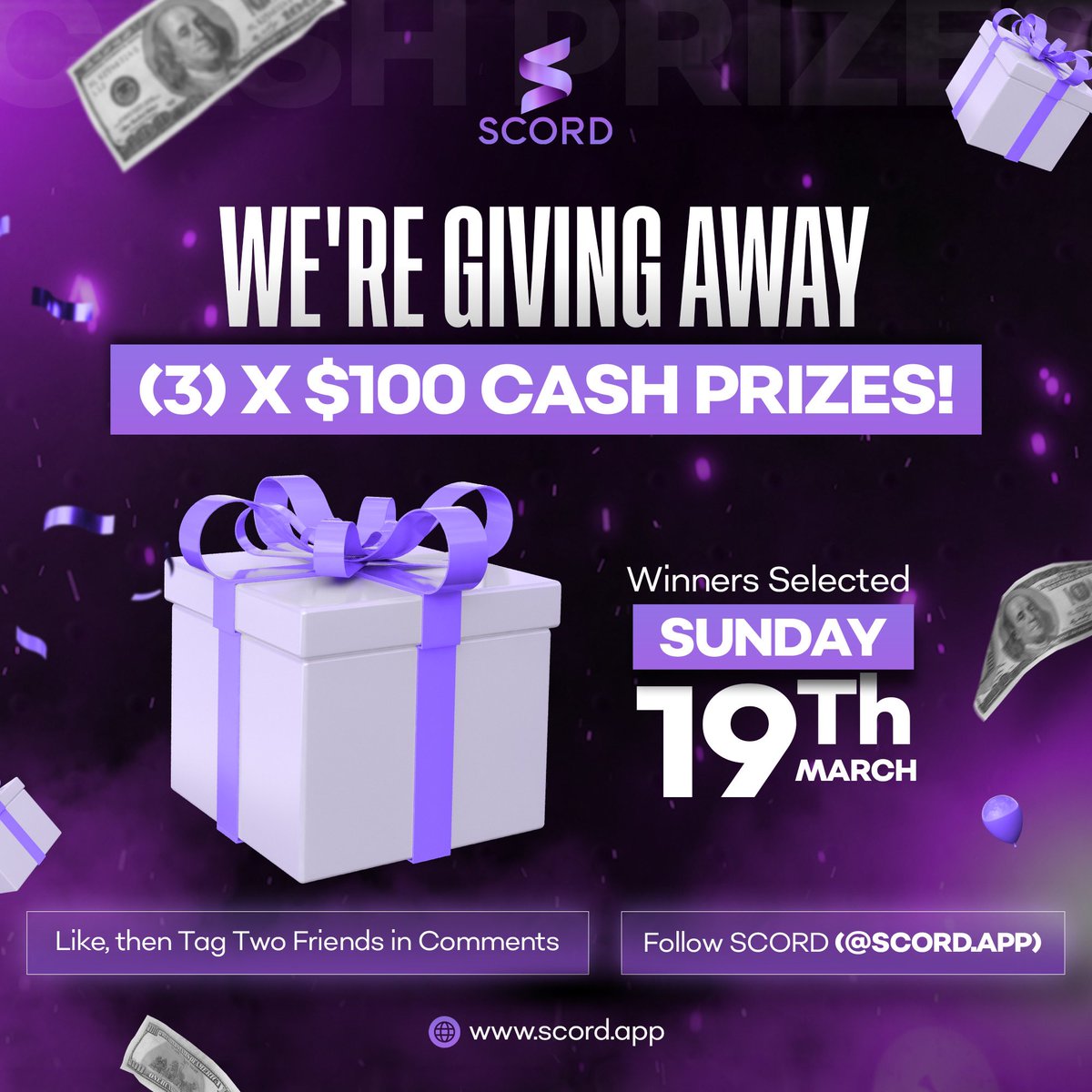 To celebrate the upcoming launch of SCORD, we're giving away cash! To enter: 

🎁 Like this post
🎁 Tag two friends in the comments below
🎁 Follow SCORD  

Three winners will be selected Sunday afternoon. Stay tuned for more from SCORD, the #1 app to win MASSIVE cash and prizes!
