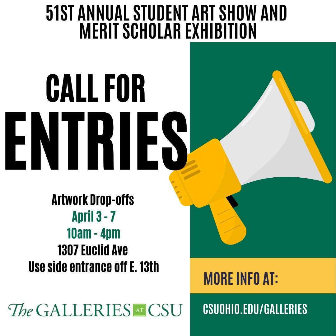 👀Call for entries!! Any currently enrolled CSU student is eligible to submit up to 4 pieces of art for the 51st Annual Student Art Show and Merit Scholar Exhibition. Artwork must be created in the past year and not entered in past student shows. csuohio.edu/galleries
