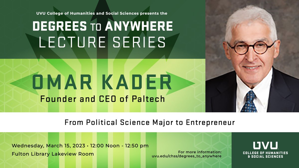 Join us on Wed, 03/15 @ 12pm w/ Dr. Kader, founder of Paltech &amp; US Army veteran. Learn how your degree can take you anywhere. Don't miss this chance; gain insight &amp; inspiration for your career journey! #DegreesToAnywhere 🎓 #CareerGoals 🏆 #Paltech 🌐 #USArmy 💪 #UVUAPlaceForYou