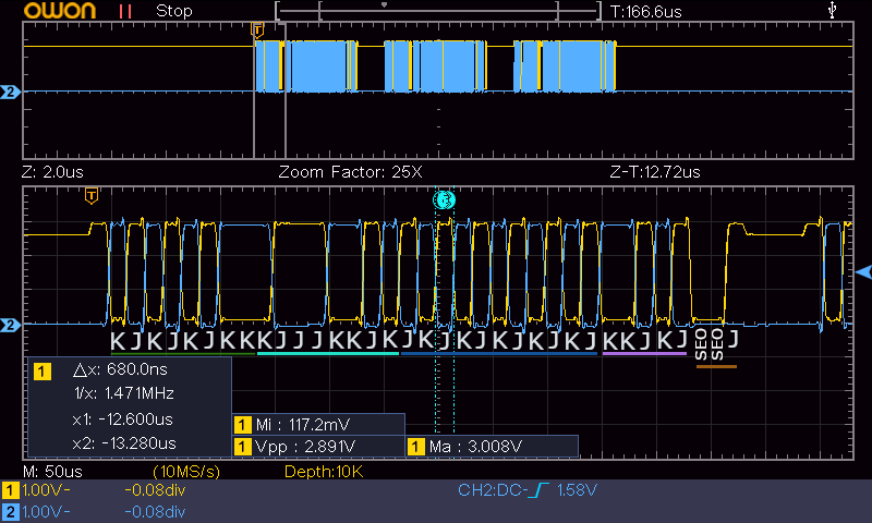 Jacob26099543's tweet image. I&apos;m working on my dev board with #software only #USB implementation for #tinyAVR series 0,1,2 

The signal is measured on the pins of the #AVR with extra +-20cm wires on the probes. The signal looks good enough.  TinyPowerrrr! 😁 

#tech #arduino #hardware