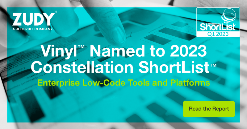 ZudySoftware's tweet photo. 👏 Yay, Vinyl has been named to the 2023 Q1 Constellation ShortList™ for #Enterprise #LowCode Tools and Platforms. Build what your business needs fast using our top-rated solution, #Vinyl. 🚀 @Jitterbit  #AppDevelopment #ConstellationShortList #ConstellationResearch #LCAP