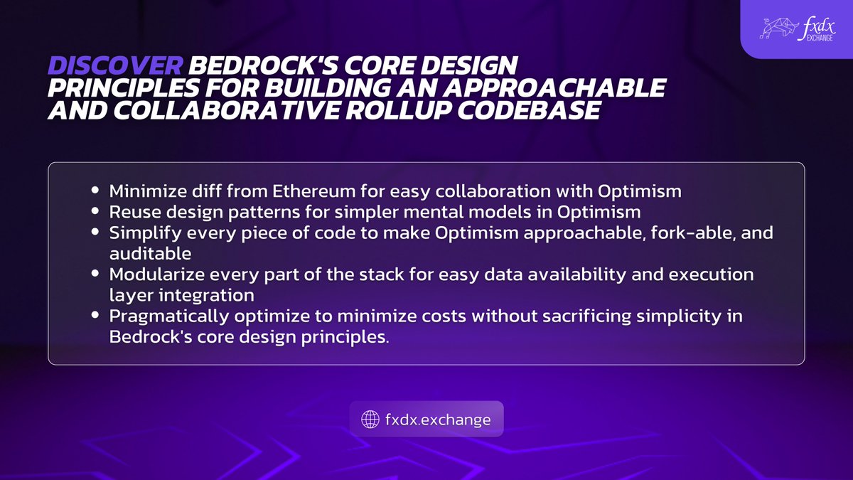 fxdxdex's tweet image. The Bedrock Update includes several changes, including minimized difference from Ethereum, allowing for easier collaboration with Optimism.

Get ready for the next level revolution because the FXDX Testnet Launch is almost here! 🚀

#fxdx #optimism #testnet #launch #multichain
