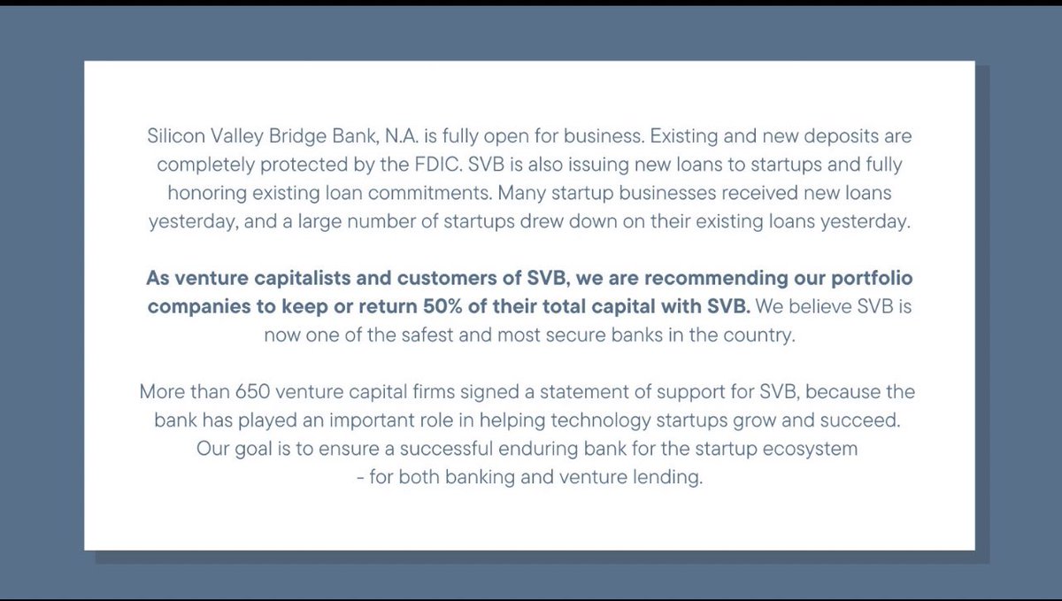 General Catalyst, Bessemer, Greylock, Lightspeed, Redpoint, Lux Capital, Mayfield Fund, SV Angels, Upfront Ventures and 650+ VC/PE firms are committing to work with us as partners and get #Svb back in action. 

LFG.