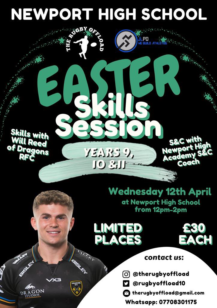 🚨 EASTER SKILLS SESSION 🚨 

This one is not to be missed… featuring WILL REED. 

🌟 Years 9, 10 &amp; 11
📍 Newport High School
⏰ 12pm-2pm
🗓️Wednesday 12th April
💳 £30 each

🌟 Skills Session with Will Reed 
🌟 Strength and Conditioning with Newport High Academy S&amp;C coach