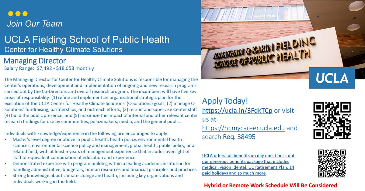 UCLA_csolutions's tweet image. The UCLA Center for Healthy Climate Solutions is currently hiring for a Managing Director!
@UCLASustainLA @LuskinCenter @UCLAIoES @ClimateResolve @deisenman