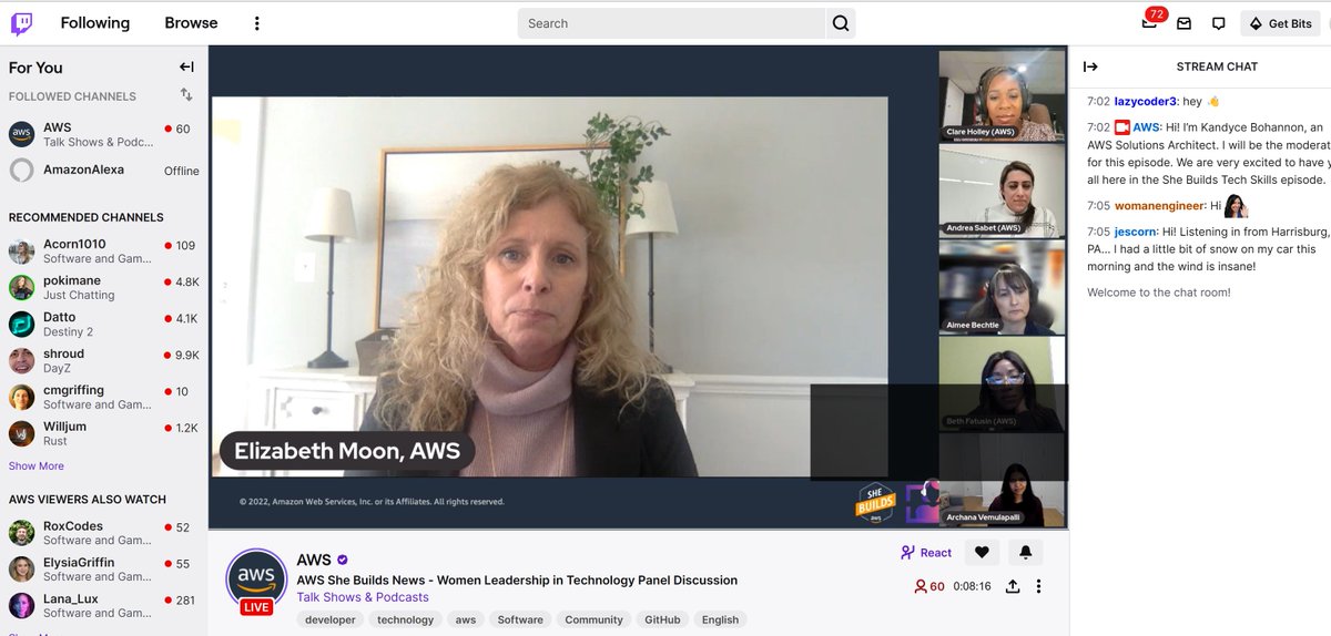 Also live now - AWS She Builds News - Women Leadership in Technology Panel Discussion

Link: twitch.tv/aws

With AWS hosts Andrea Sabet and Clare Holley

#AWSInnovate #womenintech #AWSSheBuilds