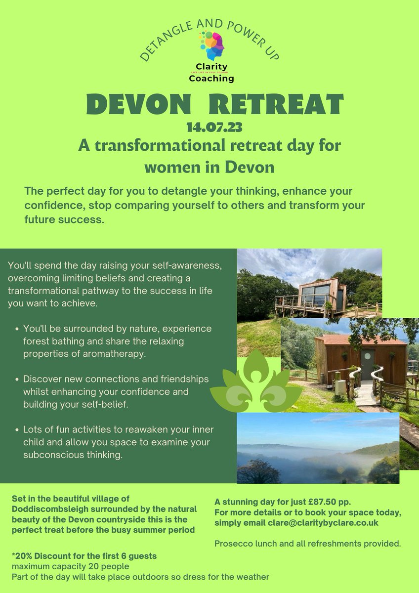 Claresclarity's tweet photo. #ladies the date has been set, the cabin has been built all that remains is for you to get you ticket to #DETANGLE and #Powerup
Unlock your subconscious thinking, boast your confidence and be intentional in your beliefs.
Secure your ticket email clare@claritybyclare.co.uk https://t.co/VSpEIPOezf