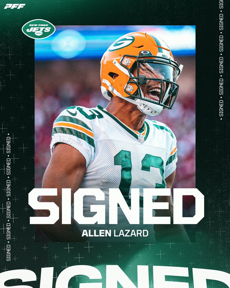 PFF's tweet image. The Jets are signing WR Allen Lazard to a 4-year, $44M deal, per @Schultz_Report