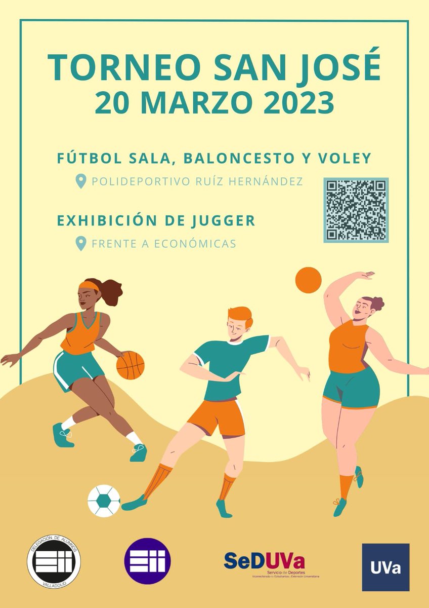 Desde la Delegación de Alumnos de la EII, en colaboración con la Escuela y el Servicio de deportes, os traemos un año más el *Trofeo San José* 🏀🏐⚽️

📆 *Lunes 20* de marzo
🕒 *De 10:00 a 21:00

Formulario de inscripción: 
*sites.google.com/view/torneosan…*

- Reconocimiento de 0.5 ECTS