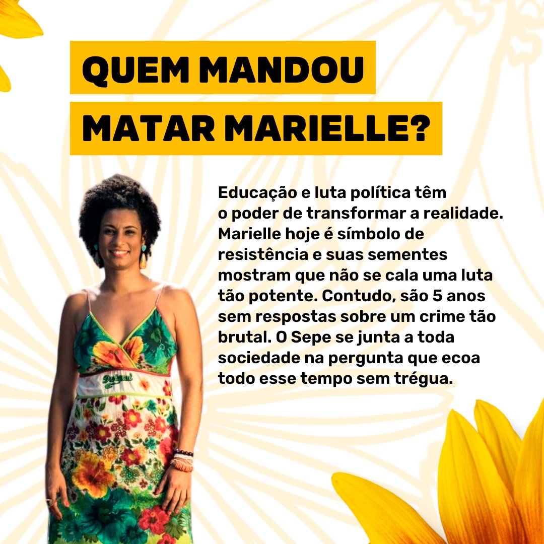 🌻Educação e luta política têm o poder de transformar a realidade. Marielle é símbolo de resistência e suas sementes mostram que não se cala uma luta tão potente. Contudo, são 5 anos sem respostas sobre um crime tão brutal. 

#quemmandoumatarmarielle