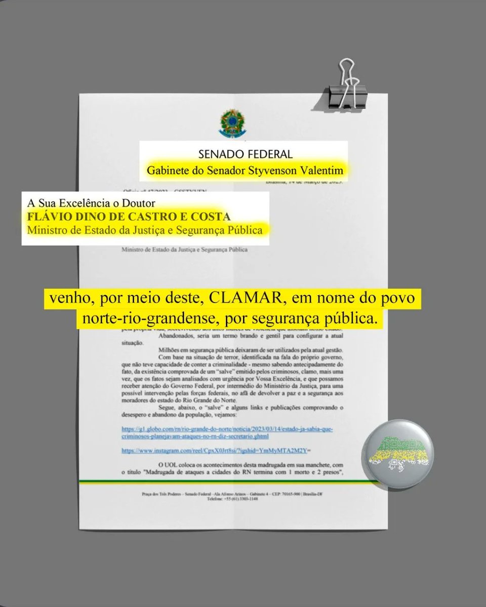 Encaminhei um ofício para o Ministério da Justiça CLAMANDO por intervenção federal na segurança pública do nosso RN, pois sozinha a nossa governadora já demonstrou que não consegue gerenciar.