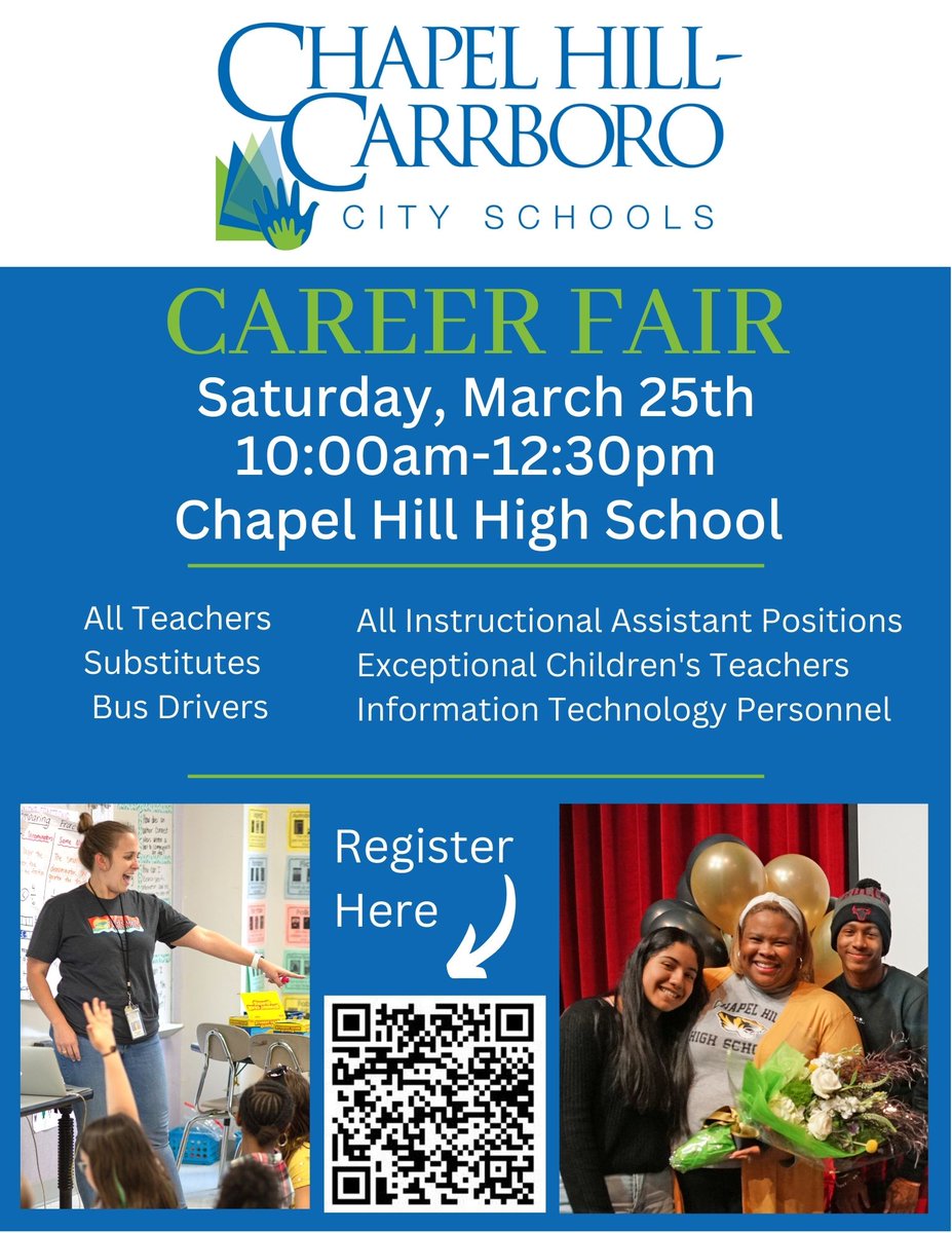 - WHAT: CHCCS Career Fair
- WHEN: Sat., March 25, 10 am - 12:30 pm for external applicants
- WHERE: Chapel Hill High School gym (use the High School Rd. parking lot)
- WHO: Meet school and department leaders &amp; learn more about careers with CHCCS

Register: docs.google.com/forms/d/e/1FAI…