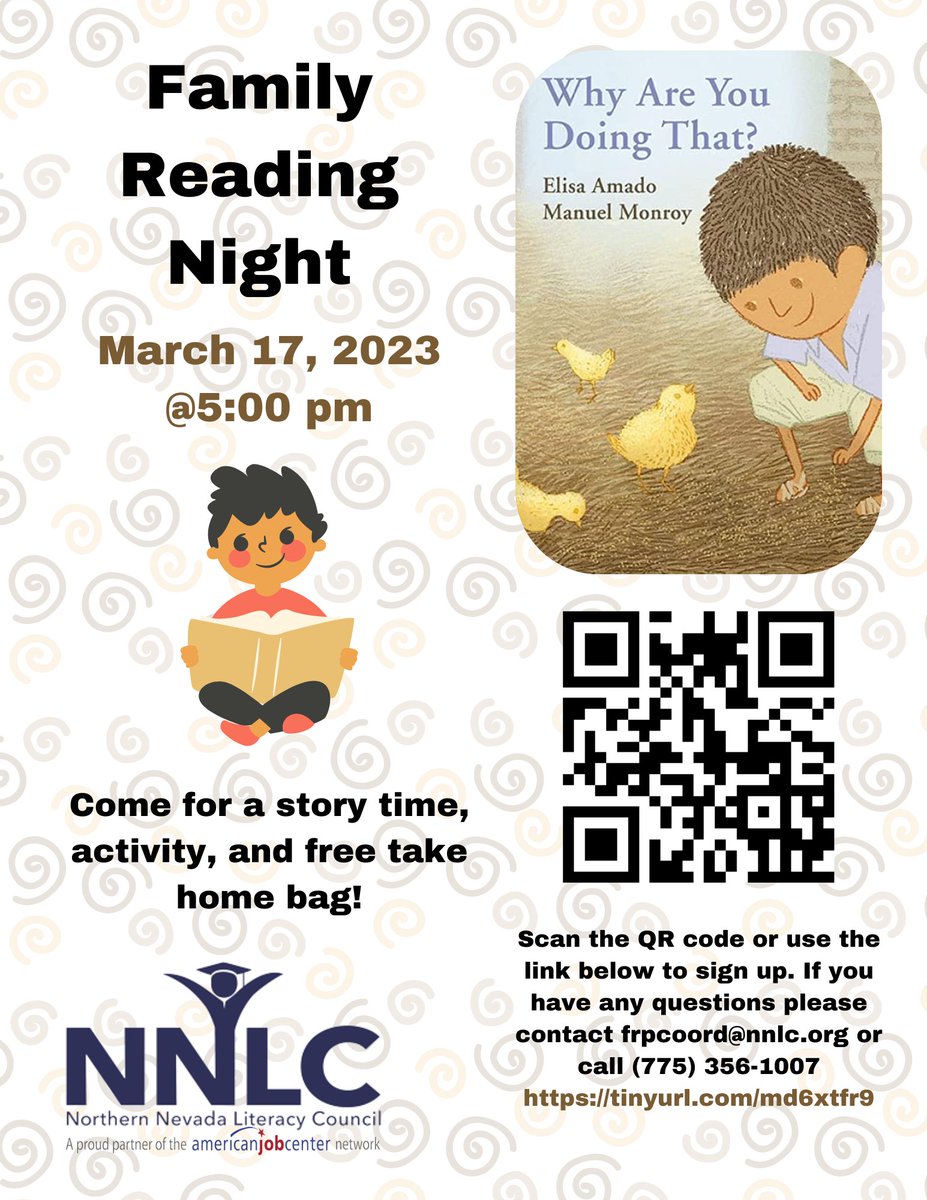 the_NNLC's tweet photo. March Family Reading Night at NNLC is this Friday! Come hang out 3/17 at 5:00 pm for a story time, activity, snacks, and a take-home bag! Use the following link to sign up: https://t.co/sQ3COyP4uW https://t.co/Omx8VyrrIW