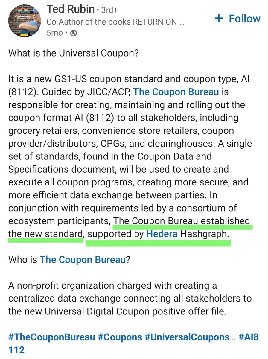 Earthling875's tweet photo. 7/8
The new coupon standard of the π, supported by @Hedera Hashgraph. #AI8112 #Hedera #TheCouponBureau #Hashgraph #UniversalCoupons #Qples #Fobi #SKUx #Walmart #HBAR #Coupon #Retail https://t.co/OI7PQgT2wO