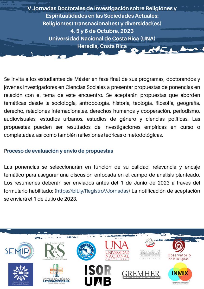 JornadasJIDER's tweet photo. ¡Call para las V Jornadas Doctorales 2023!
Apostamos por lo transnacional... ¡y vamos a Costa Rica!
Envío de RESÚMENES: 1 de julio
V Jornadas: 4 a 6 de octubre 
Call 👉 https://t.co/HMvgEP2GK0
Inscripción 👉 https://t.co/SuCwmZczOn https://t.co/Aac4zviHlx